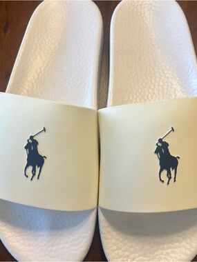 Polo by Ralph Lauren White Slide Sandals with Navy Pony Logo size 12 NEW